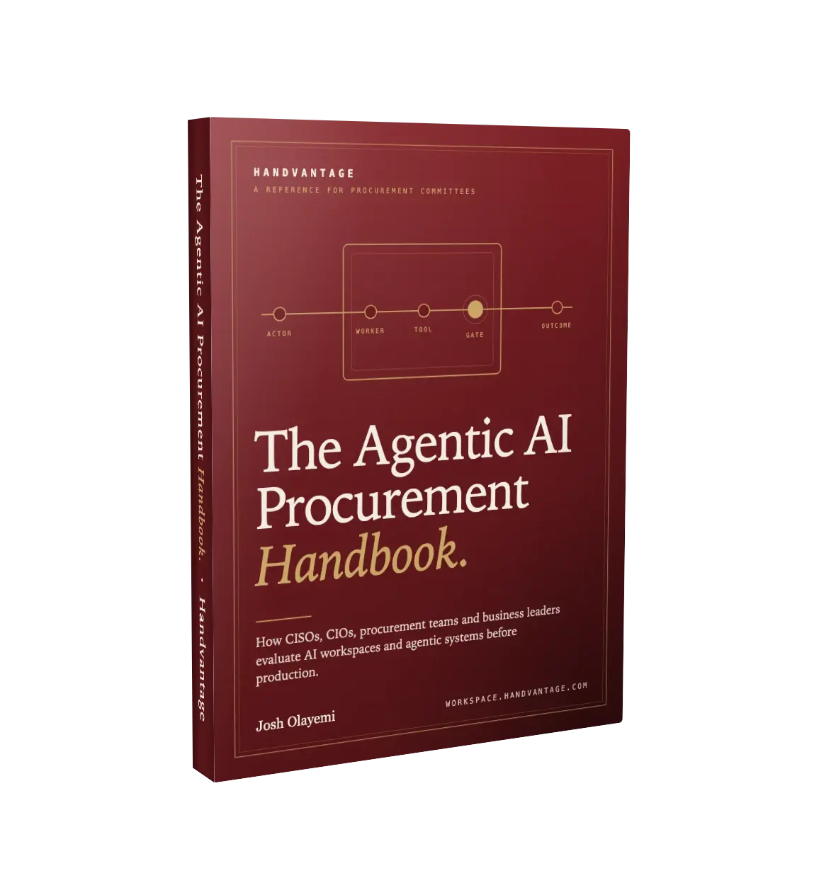 The Agentic AI Procurement Handbook, by Josh Olayemi. Oxblood display cover with an actor-to-outcome proof path.