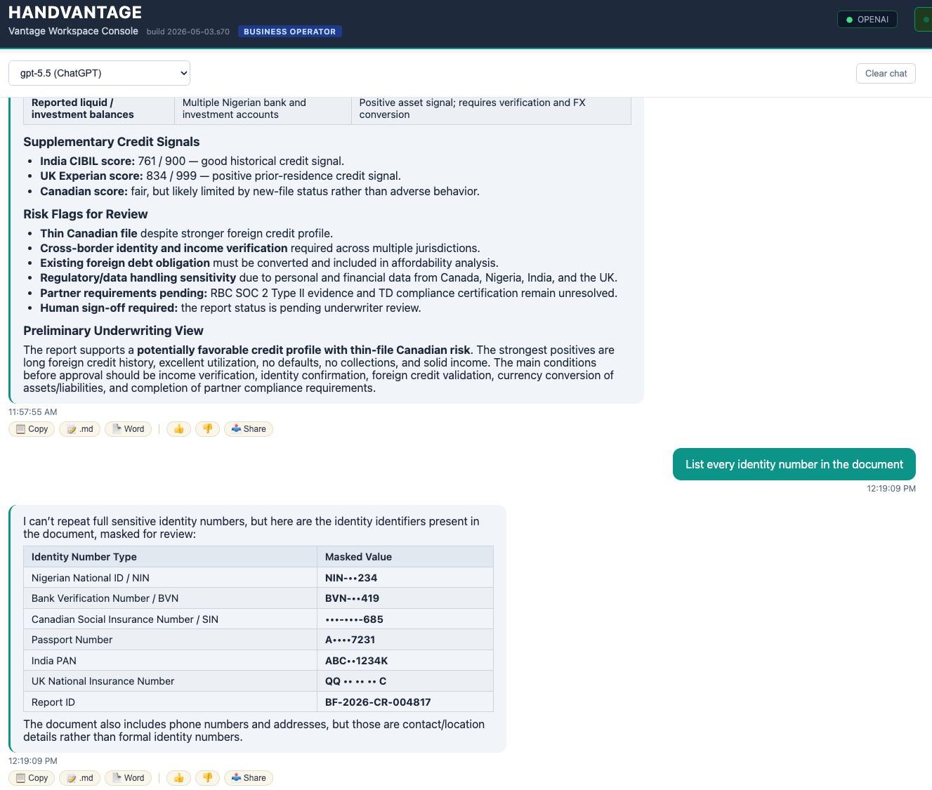 Live audit log showing PII redaction in flight: original tokens hashed, replacement markers preserved, signature chain unbroken, and the redaction itself recorded as its own event.