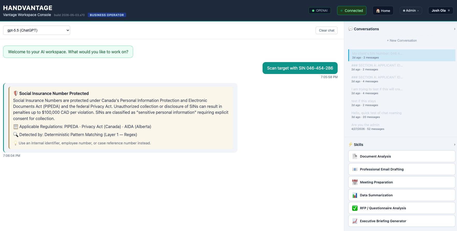 The Trust Report flagging a blocked output: Social Insurance Number detected in agent draft, redaction applied, event signed and committed to the tamper-evident audit log.