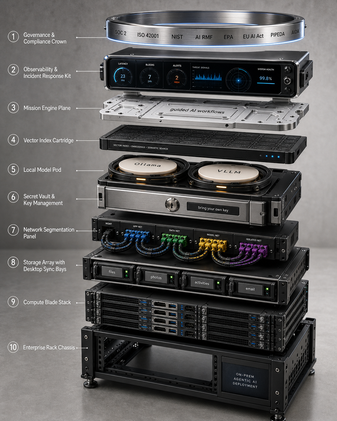 On-prem Agentic AI deployment rack — Governance & Compliance Crown at the top (SOC 2, ISO 42001, NIST AI RMF, EPA, EU AI Act, PIPEDA, AIDA), Observability & Incident Response Kit, Mission Engine Plane (guided AI workflows), Vector Index Cartridge, Local Model Pod (Ollama, vLLM), Secret Vault & Key Management (bring your own key), Network Segmentation Panel, Storage Array, Compute Blade Stack, Enterprise Rack Chassis.