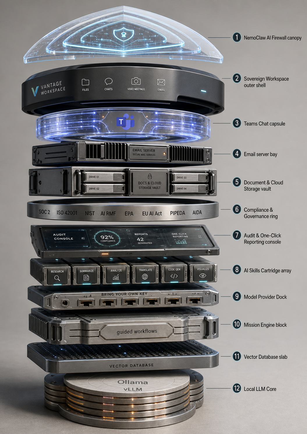 Vantage Workspace, rendered as a stacked physical platform: NemoClaw firewall canopy, sovereign workspace shell, chat capsule, email server, document vault, compliance ring, audit console, AI skills cartridges, model provider dock, mission engine, vector database, local LLM core.