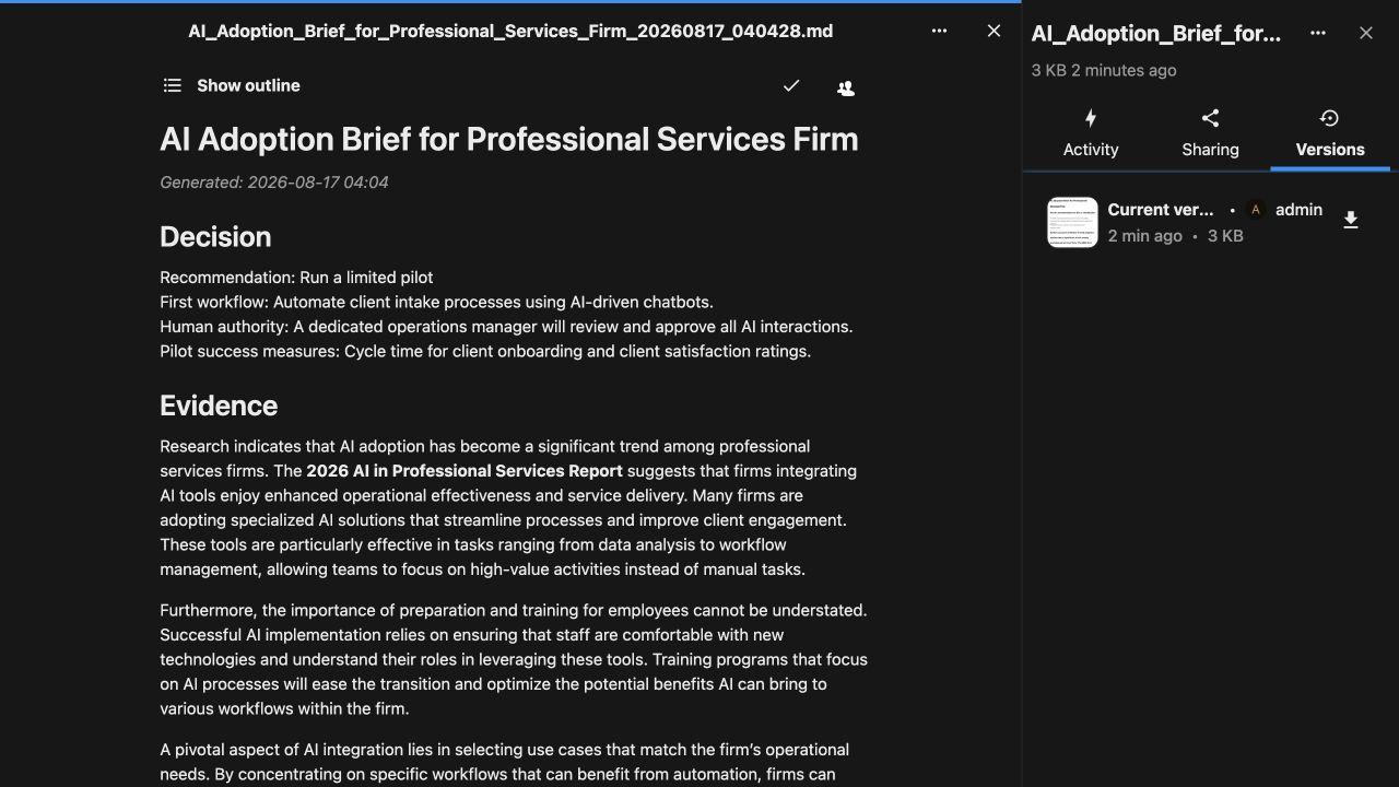 A generated decision brief opened directly in the Vantage Workspace Files surface