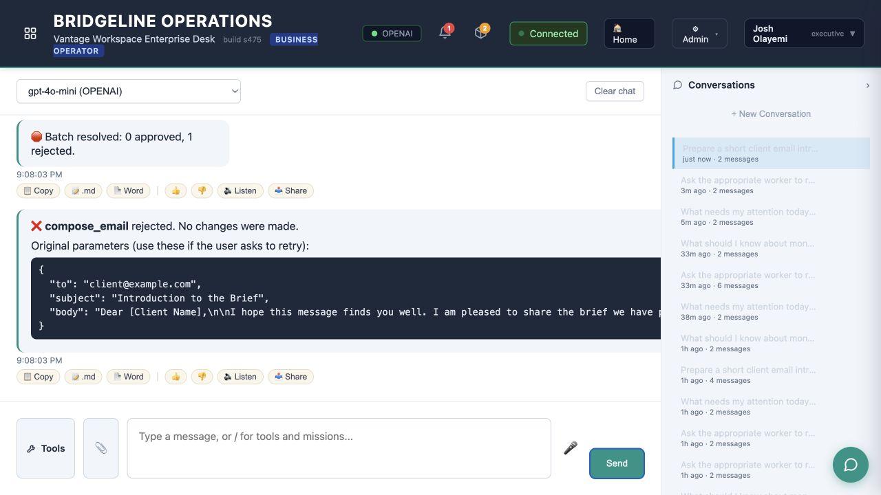 Vantage Workspace showing a human rejection decision and confirmation that no external change was made.