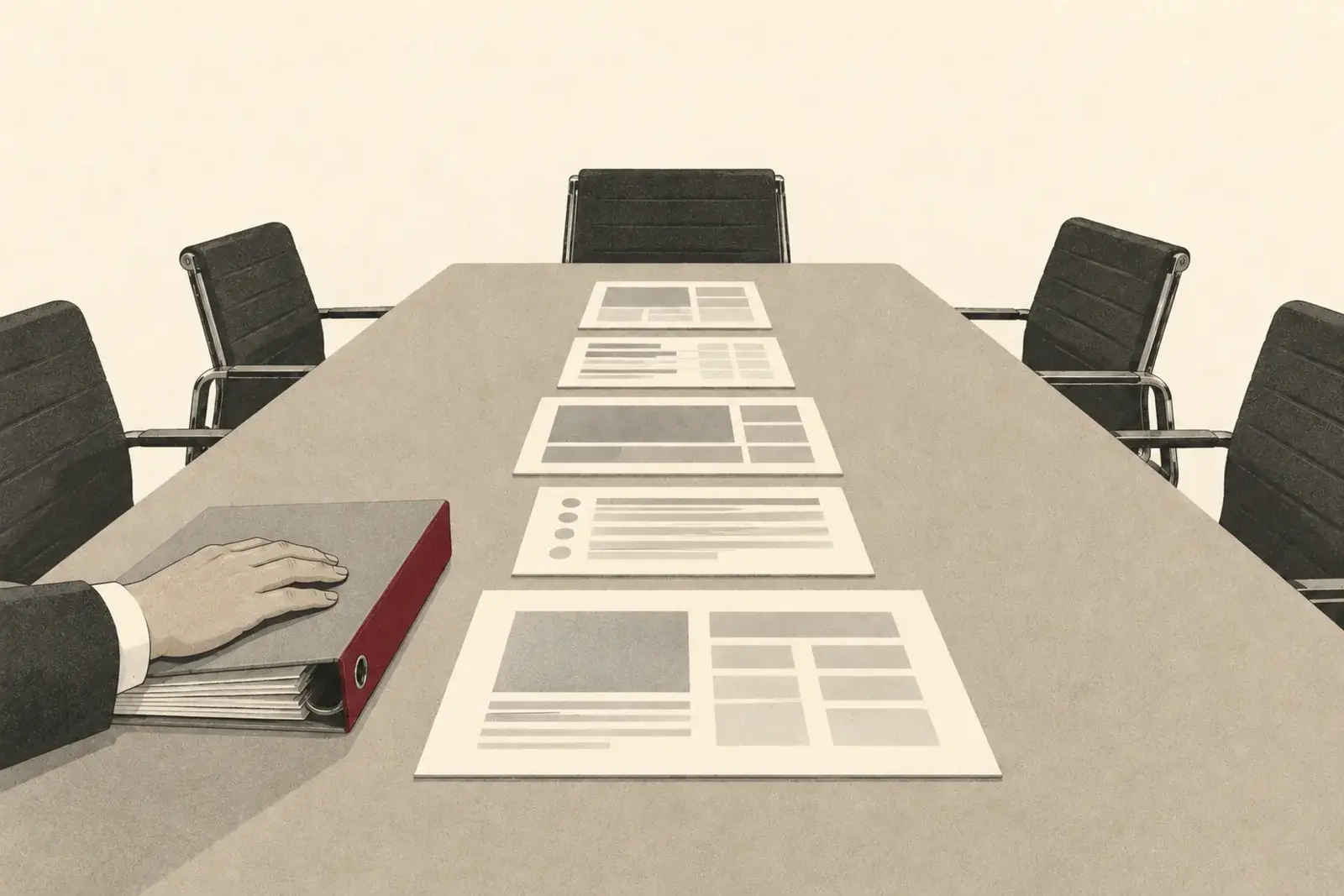 An empty committee table with five documents and a buyer's hand on a ring binder.