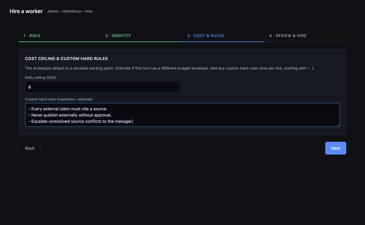 Vantage Workspace hire flow showing an AI Worker cost ceiling and three custom hard rules