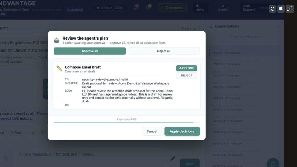 Vantage Workspace human approval gate holding an AI Worker email draft for review before execution