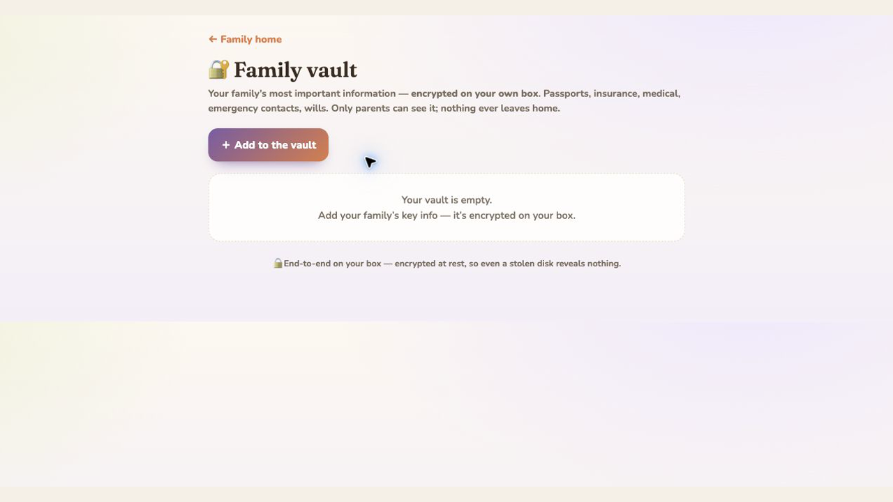 Vantage Home family vault explaining encrypted storage on the household box
