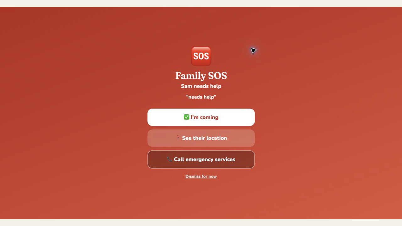 Vantage Home family SOS screen with acknowledgment and location controls