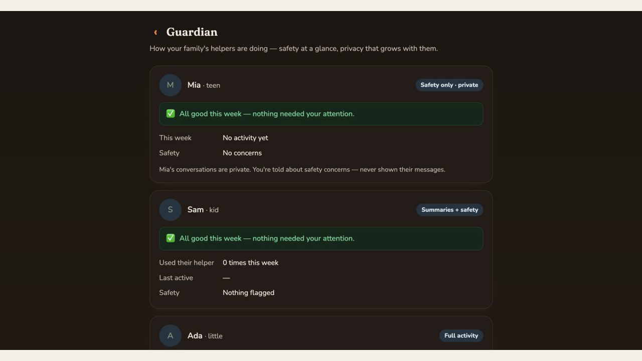Vantage Home Guardian view showing age-aware safety summaries for family members
