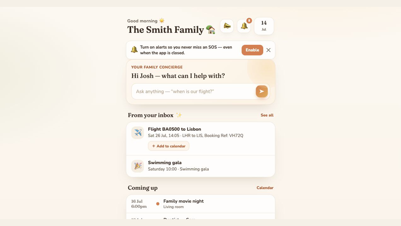 Vantage Home family dashboard showing travel, activities, reminders and the family concierge