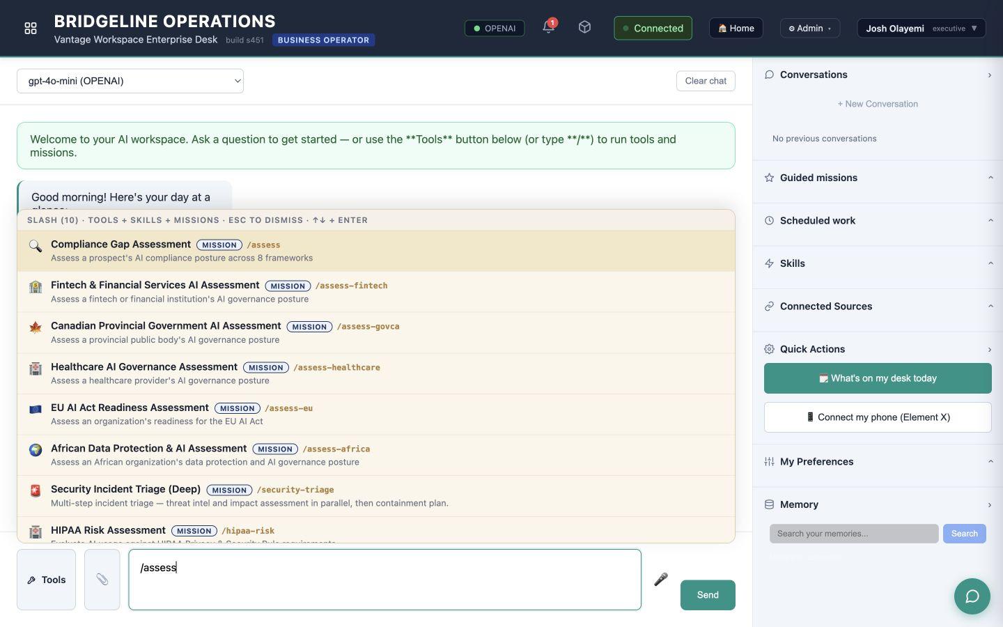 Vantage Workspace Desk showing the current assessment mission chooser in the controlled demo
