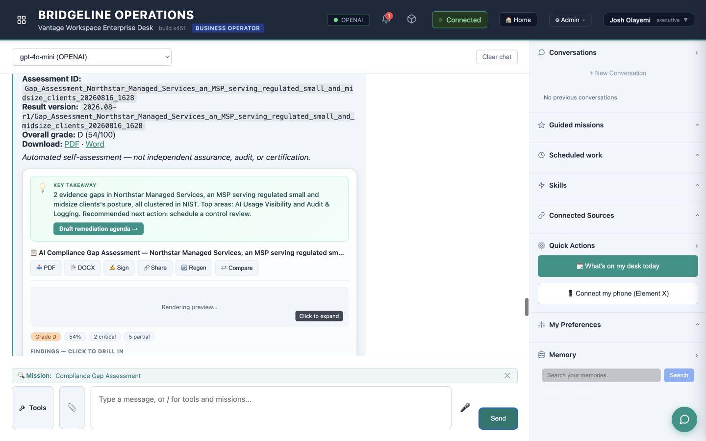 Completed Vantage Workspace assessment showing a versioned D grade, score, evidence gaps, and report controls