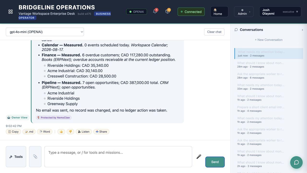 Vantage Workspace owner view showing measured finance and pipeline signals, the named AI Worker, and a clear no-action statement.
