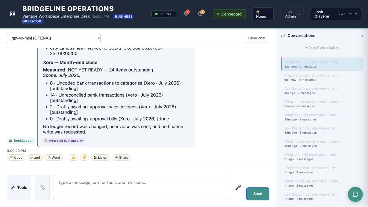 Vantage Workspace finance view showing scoped Xero close blockers and the no-write boundary